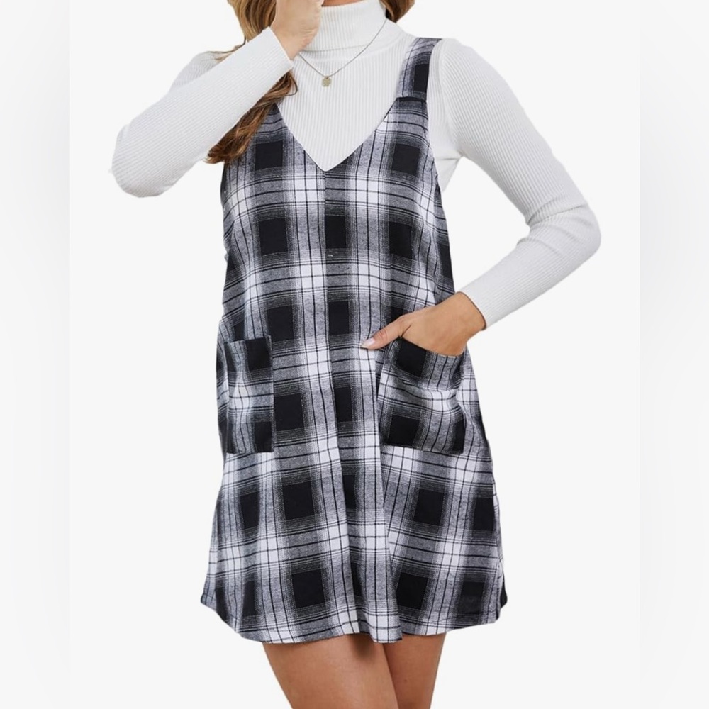 Milumia Women's Plaid V Neck Pinafore Overall Short Dress MEDIUM